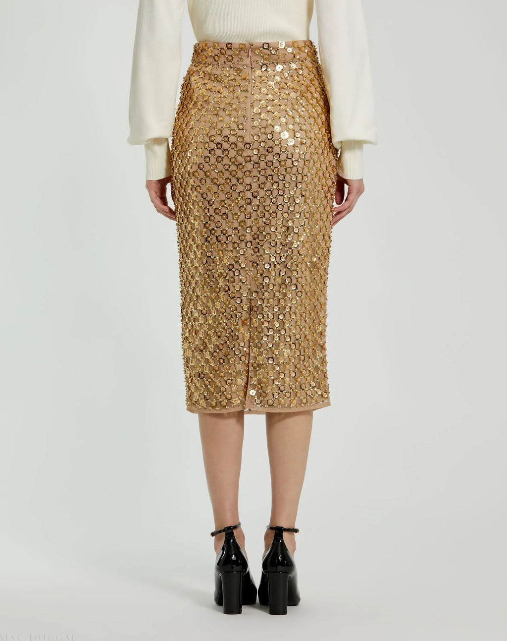 Gold Georgette Embellished Fitted Midi Pencil Skirt