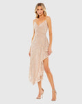 Beige Sequined Faux Wrap Ruffled Asymmetrical Hem Dress