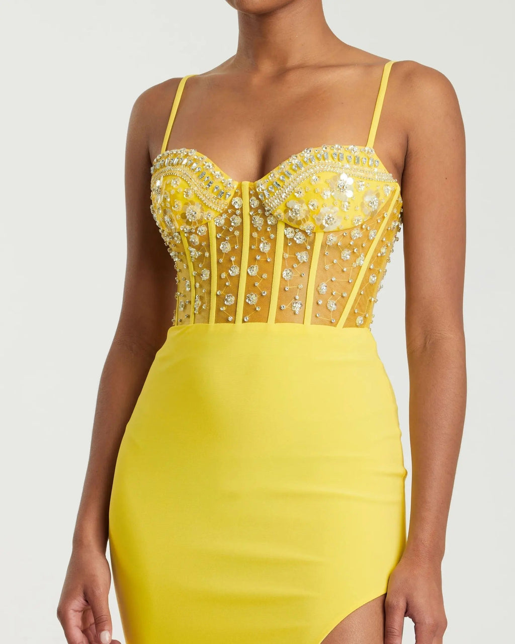 Yellow Spaghetti Strap Beaded Sheer Bodice Gown with Slit