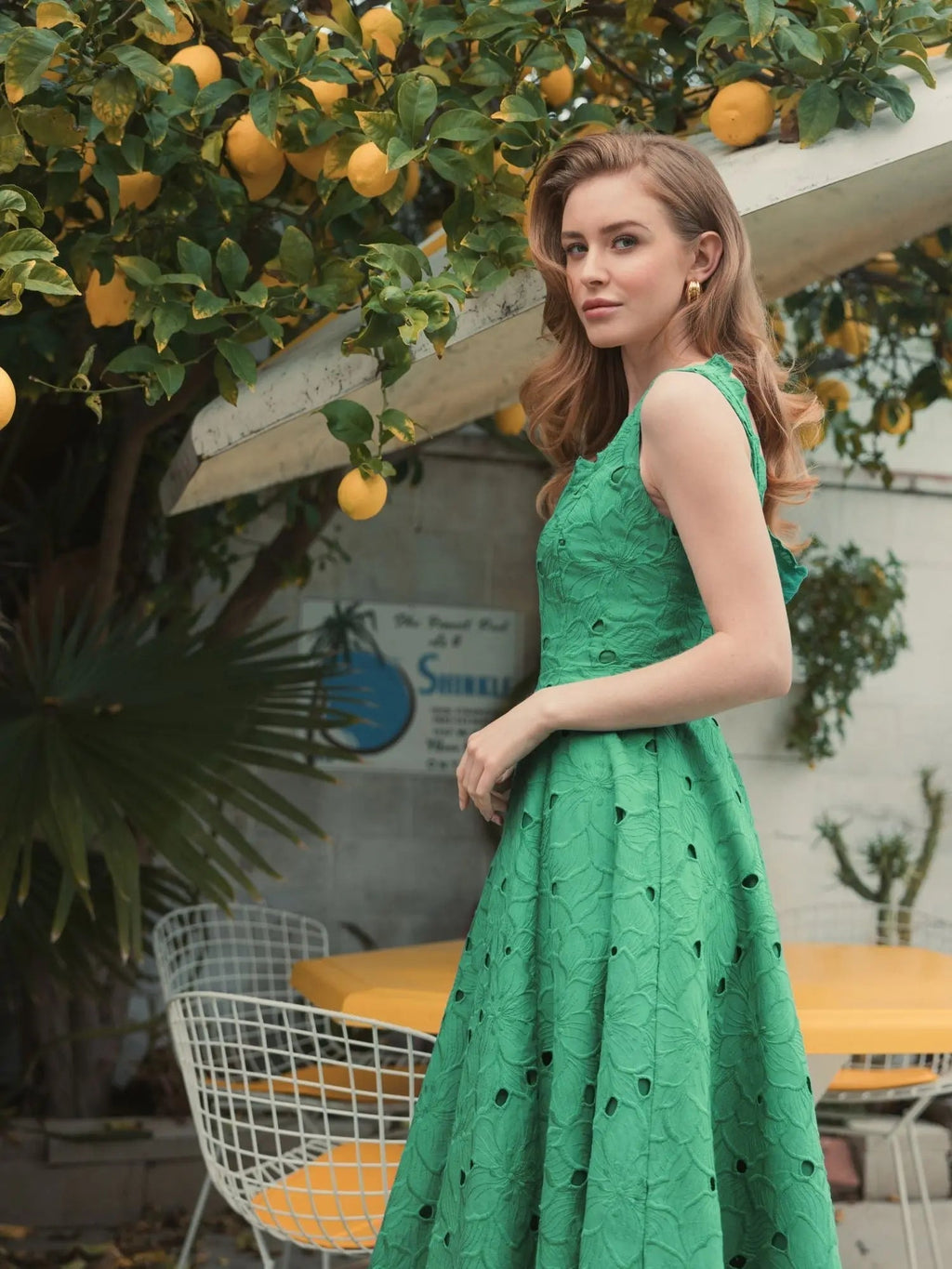 Green Embroidered Floral A Line Midi Dress